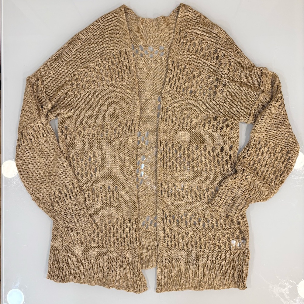 Open-Front Tan Knit Cardigan Sweater